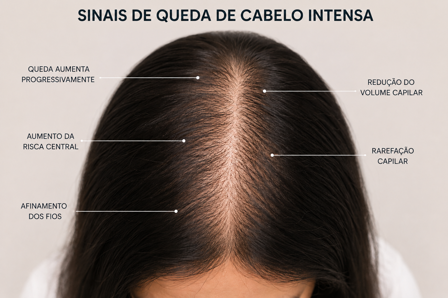 Sinais de queda de cabelo intensa feminina Sinais de queda de cabelo intensa com afinamento dos fios, rarefação capilar e aumento da risca central