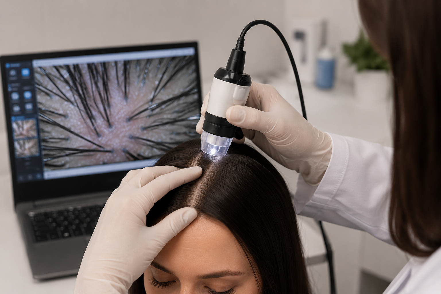 Exame de tricoscopia capilar Dermatologista realizando tricoscopia para avaliação de queda de cabelo na Vila Olímpia em São Paulo