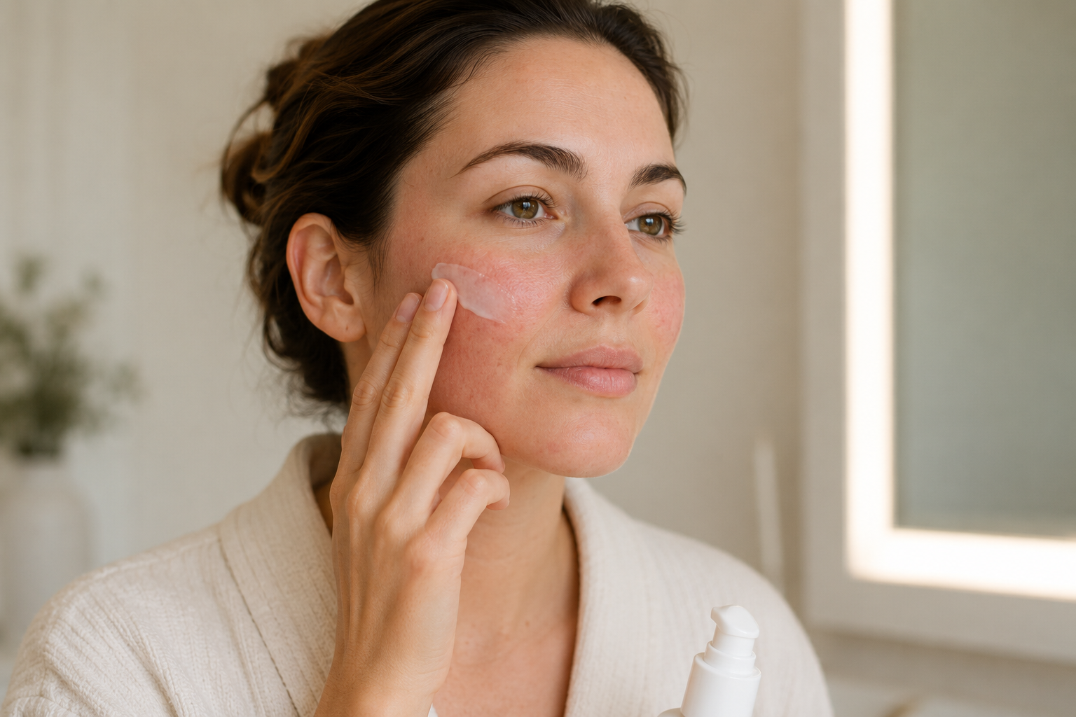 Mulher aplicando skincare suave em pele com vermelhidão facial discreta e sensível