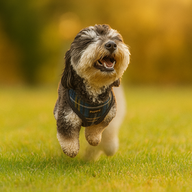 Tan dog in a wooded yard, standing near logs and a pile of firewood, wearing a pink collar.