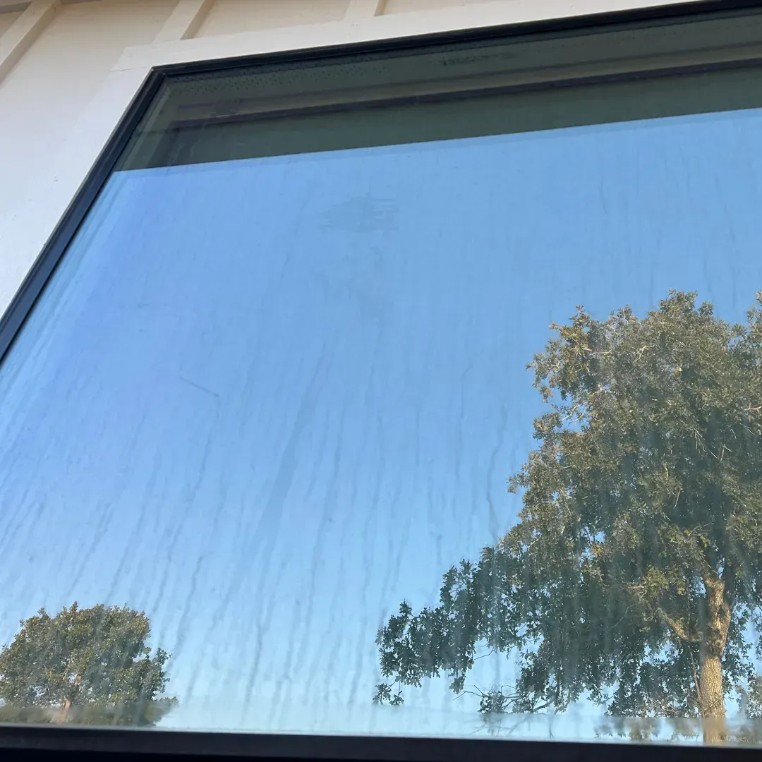 A window with a blue sky and trees reflected in it