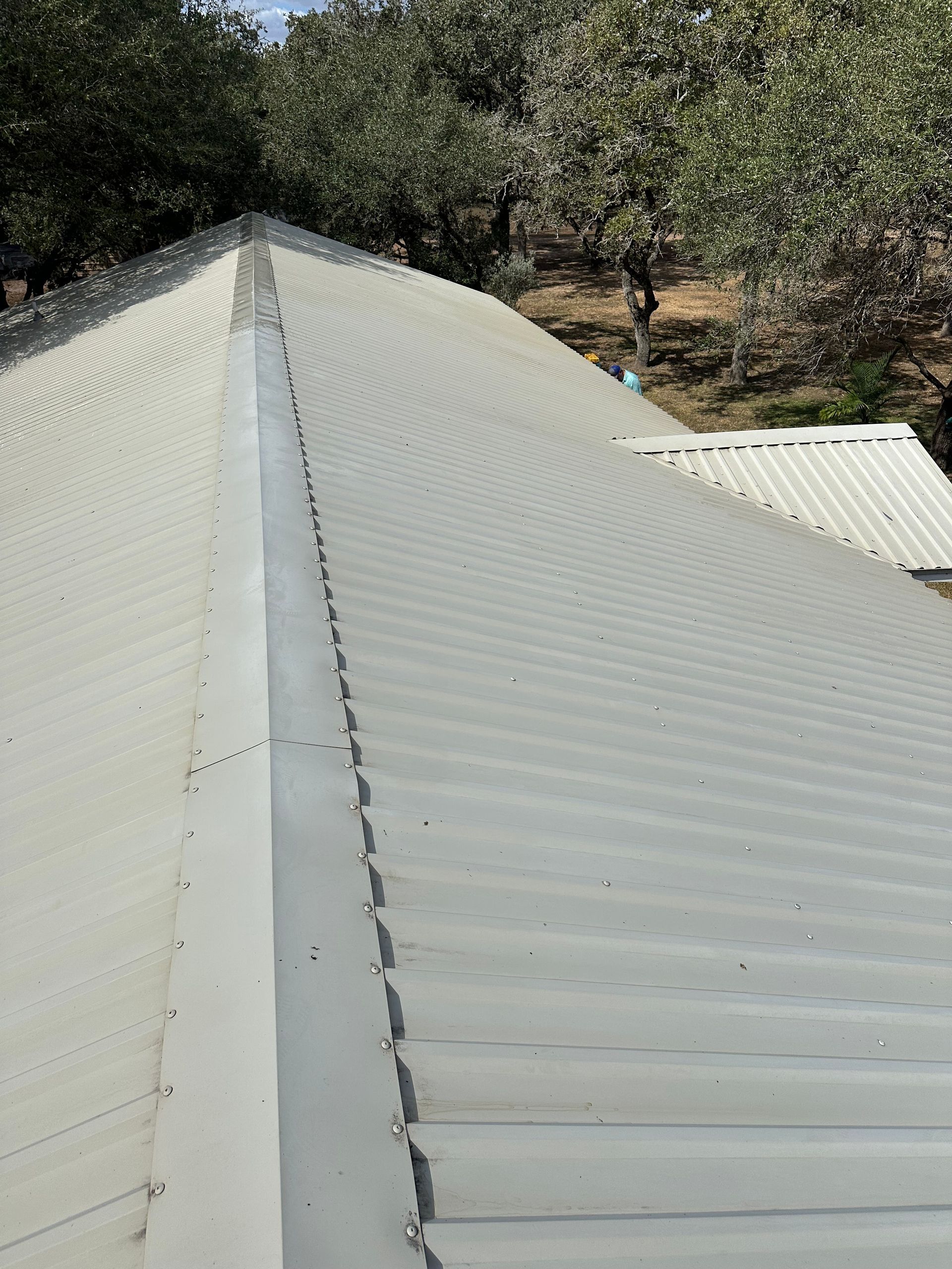 A close up of a white roof with trees in the background