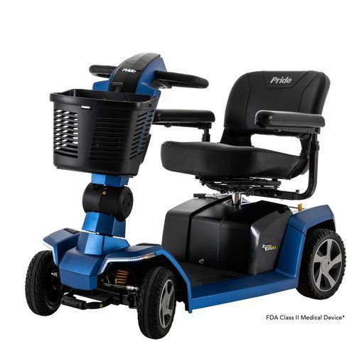 A blue and black mobility scooter with a basket on the front.