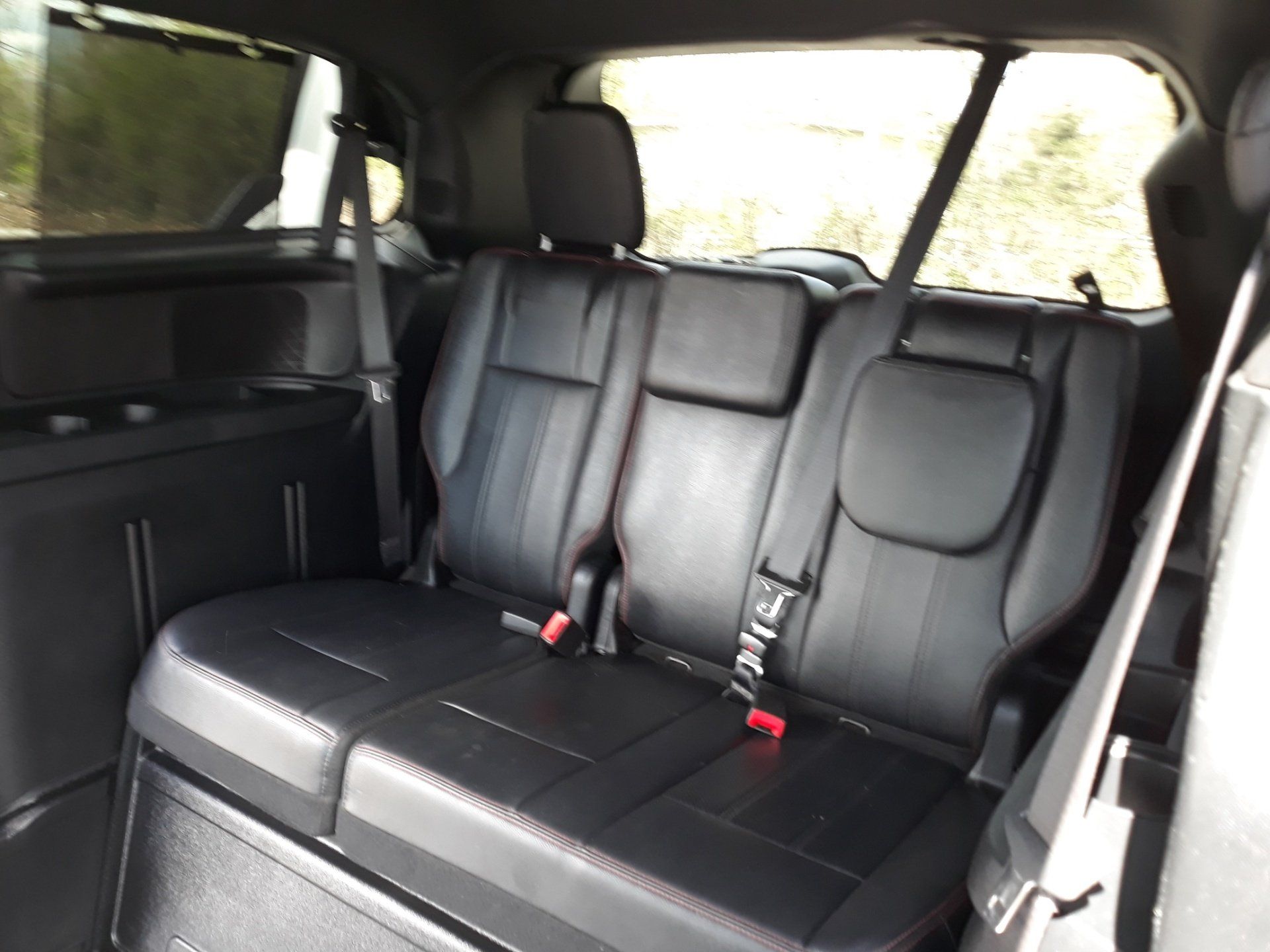 The back seat of a car with a seat belt on it