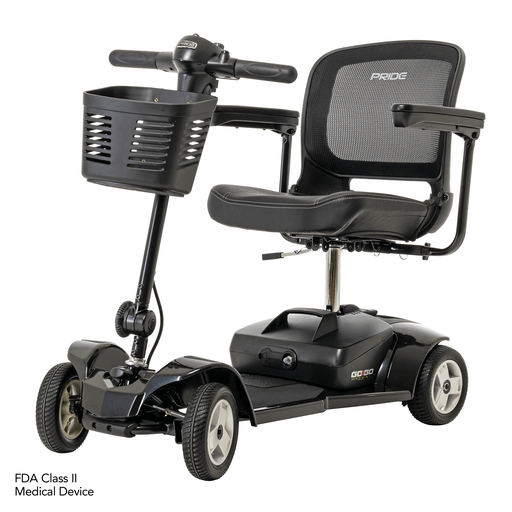 A black mobility scooter with a basket on the front.