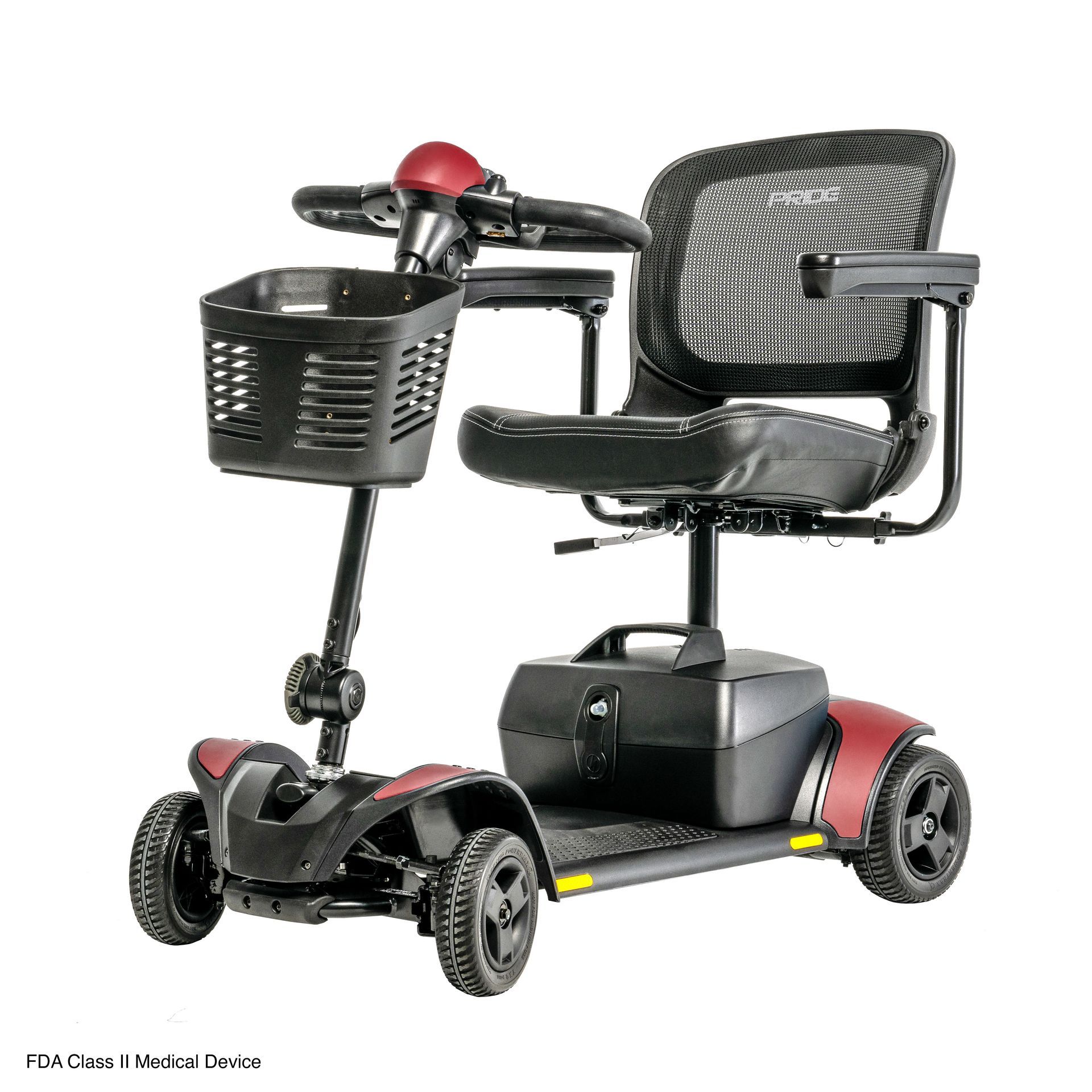A red
and black mobility scooter with a basket on the front.
