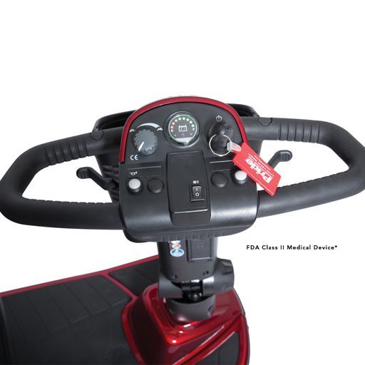 A close up of a scooter 's steering wheel and dashboard