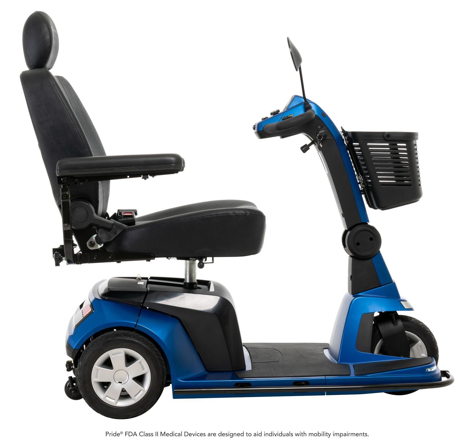 A blue and black mobility scooter with a basket on the back.