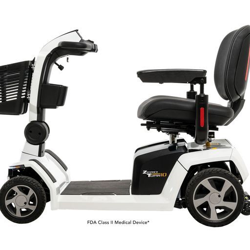 A white and black mobility scooter with a basket on the side.