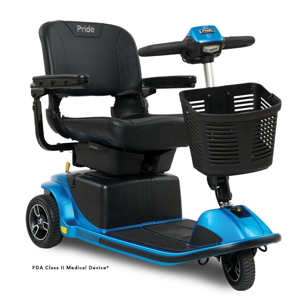 A blue mobility scooter with a basket on the front