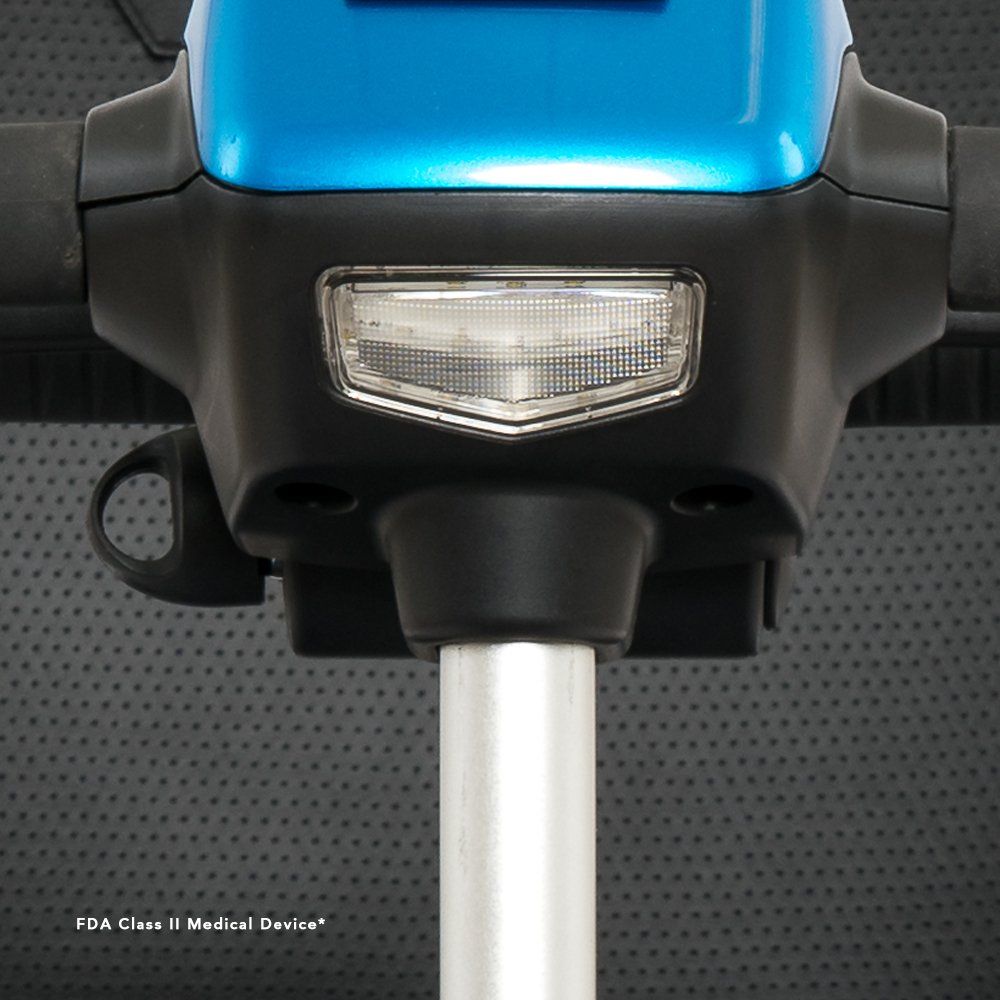 A blue and black scooter with a light on the front