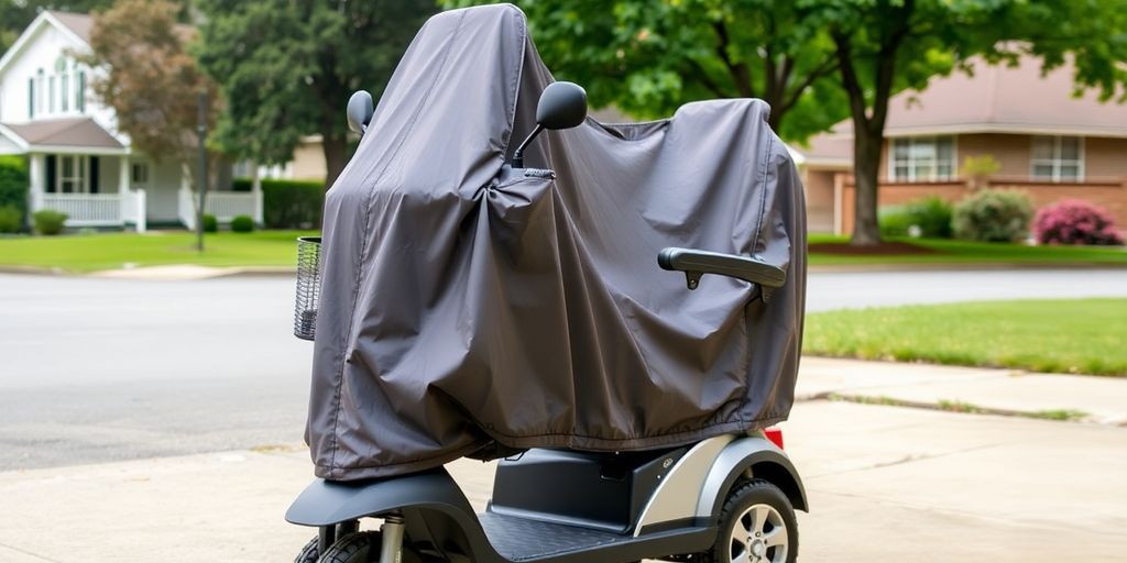 Mobility scooter with weather cover in neighborhood setting.