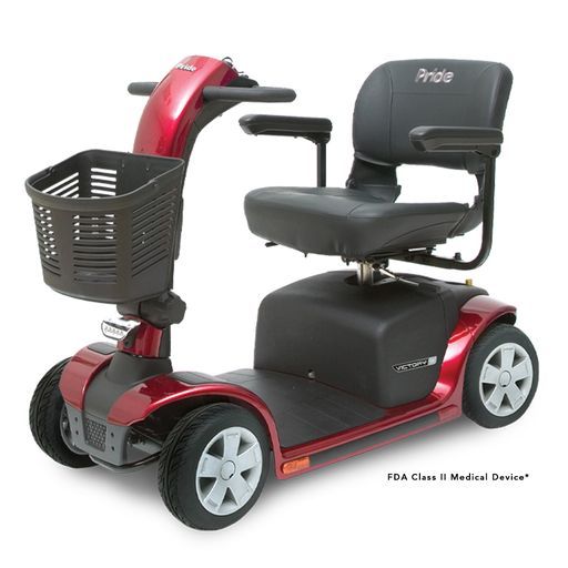 A red and black mobility scooter with a basket on the front.