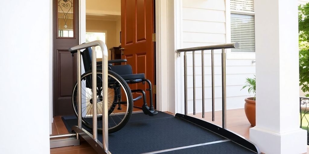 Accessible home entrance with a wheelchair ramp and pathway.