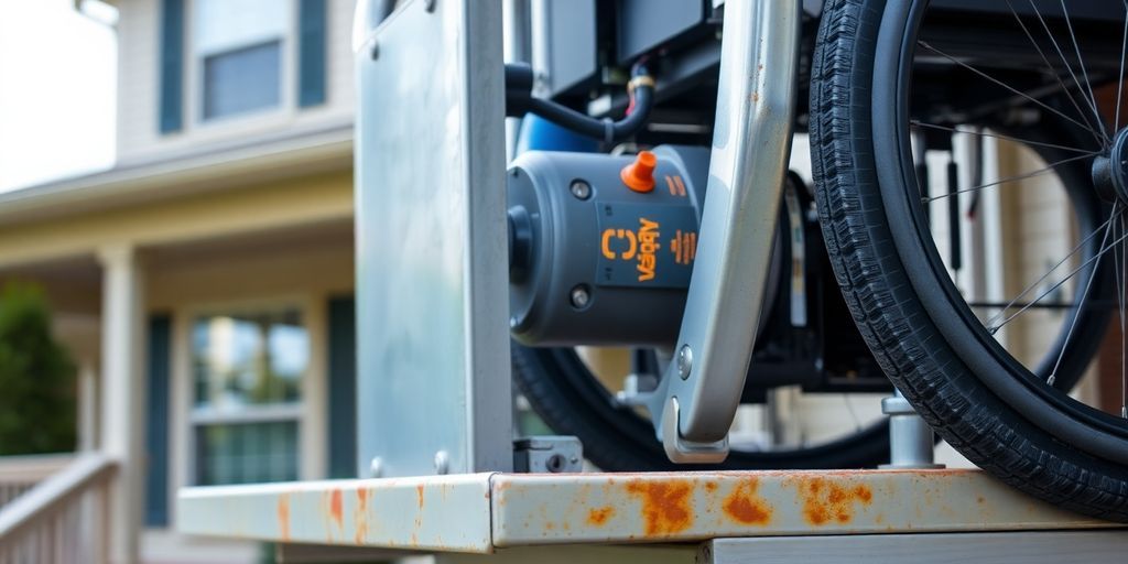 Close-up of a wheelchair lift showing mechanical components.
