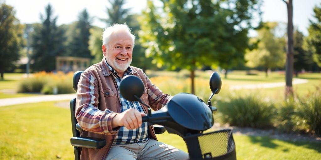 Senior man riding a mobility scooter in a park.
