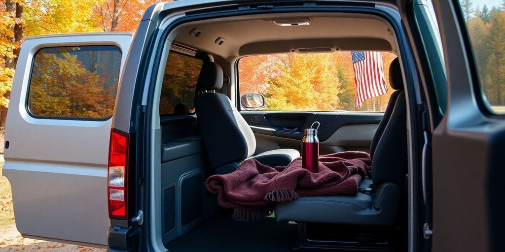 Mobility van in autumn setting with colorful foliage.