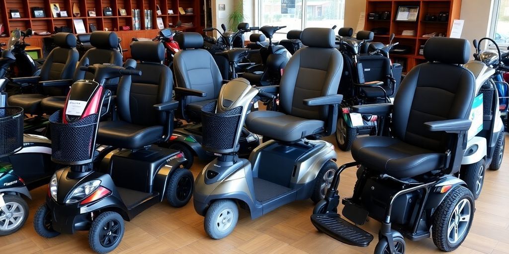 Mobility scooters and power wheelchairs in a showroom.