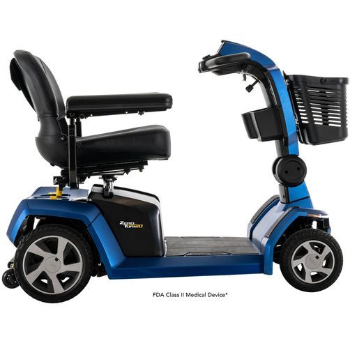 A blue mobility scooter with a basket on the front.