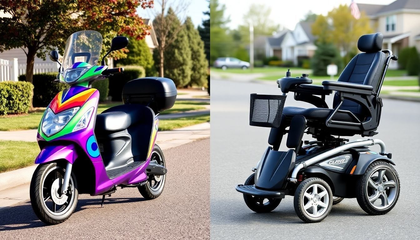 Scooter and power wheelchair side by side in a neighborhood.