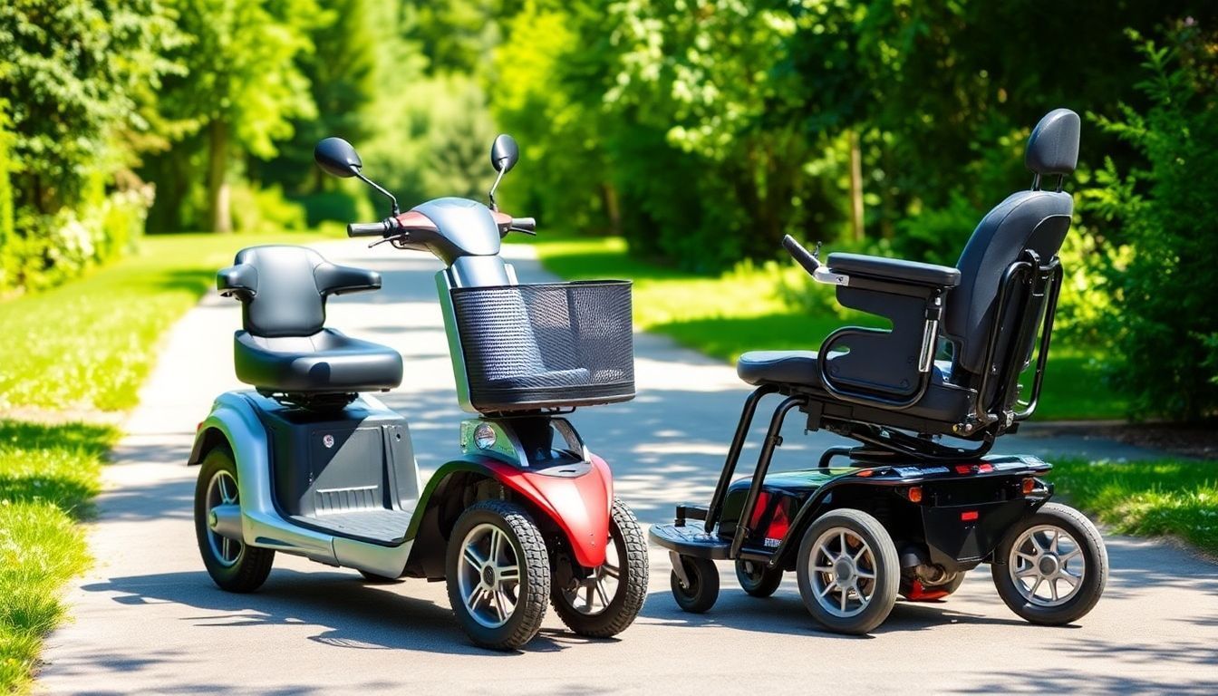 Scooter and power wheelchair in a sunny park.