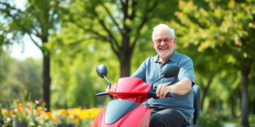 Senior man on a mobility scooter in a sunny park.