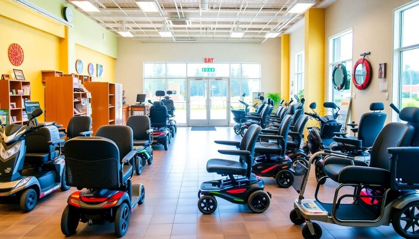 Showroom with mobility scooters and power wheelchairs on display.
