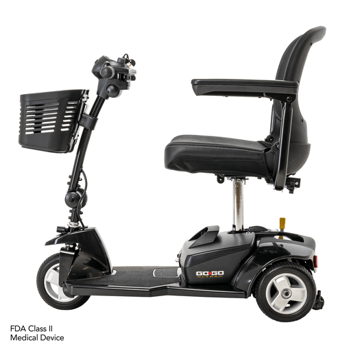 A black mobility scooter with a basket on the front.