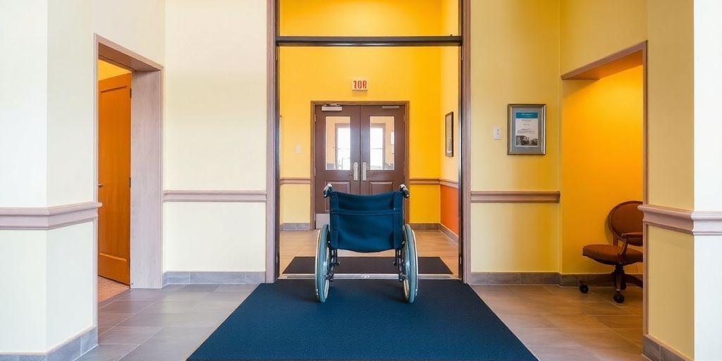 Wide doorway designed for wheelchair access, bright and inviting.