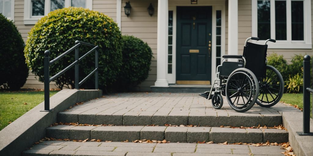 Wheelchair ramp with handrails at a house entrance.