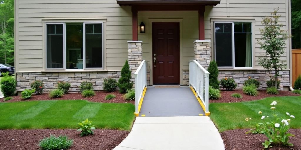 Home entrance with wheelchair ramp and accessible features.