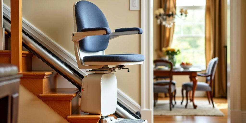 Stair lift on wooden staircase in a home setting.