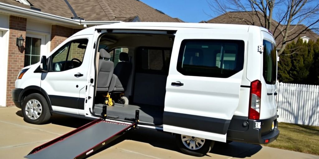 Wheelchair van with ramp parked outside a house.