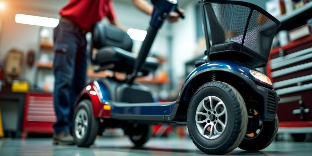 Mobility scooter being repaired in a workshop.