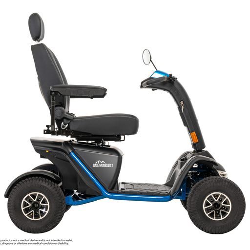A black and blue mobility scooter on a white background
