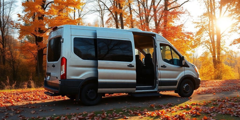 Mobility van in colorful autumn landscape with leaves.