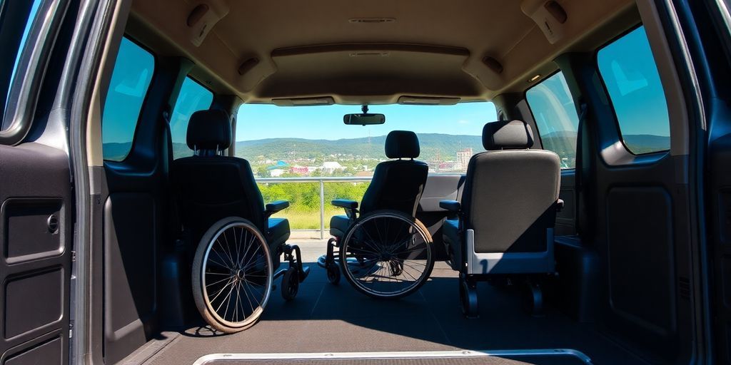 Accessible vehicle interior with wheelchair ramp and seating.