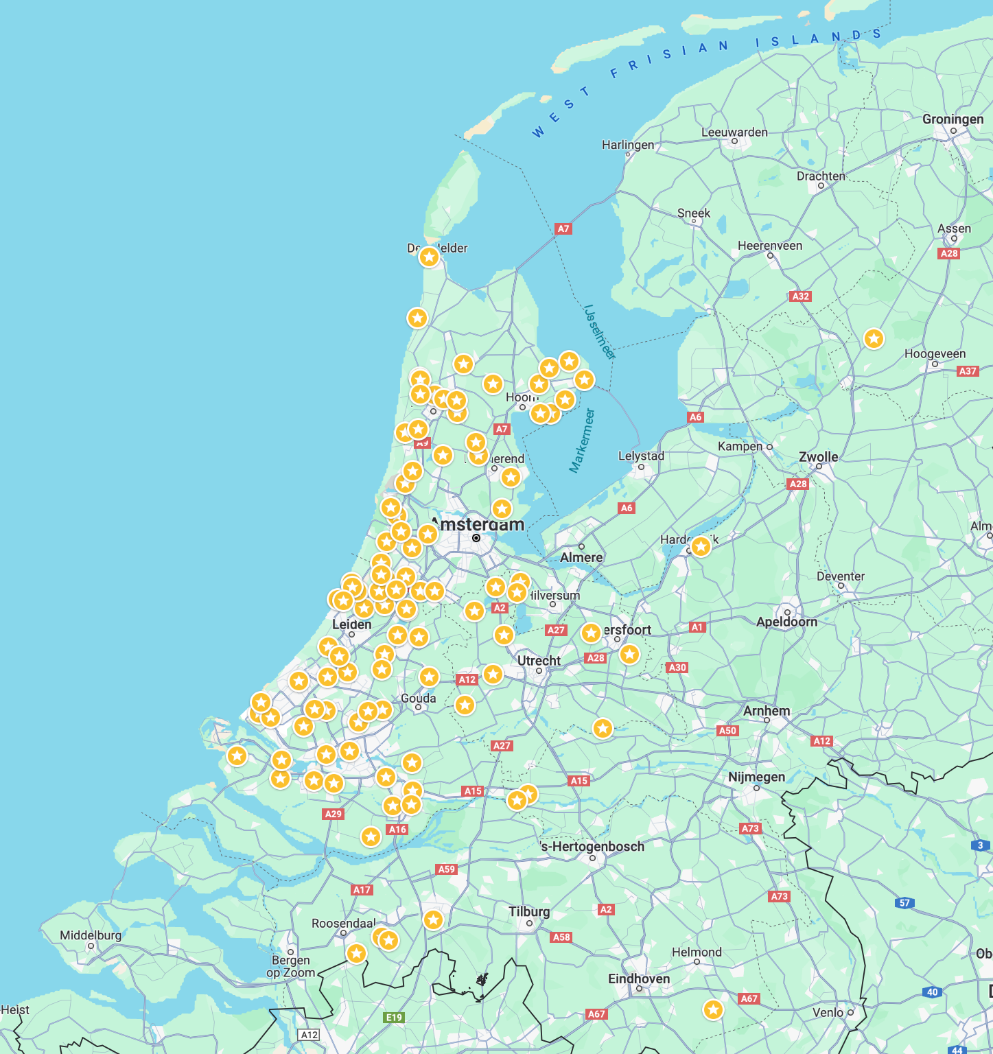 Een kaart van nederland met eerdere klanten van Paarden wegen op locatie