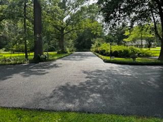 A driveway leading to a house surrounded by trees and grass
