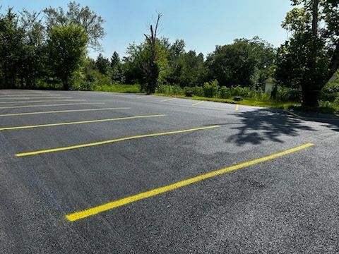 A parking lot with yellow lines and trees in the background