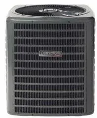 Outdoor air conditioning unit with dark gray metal casing and fan.