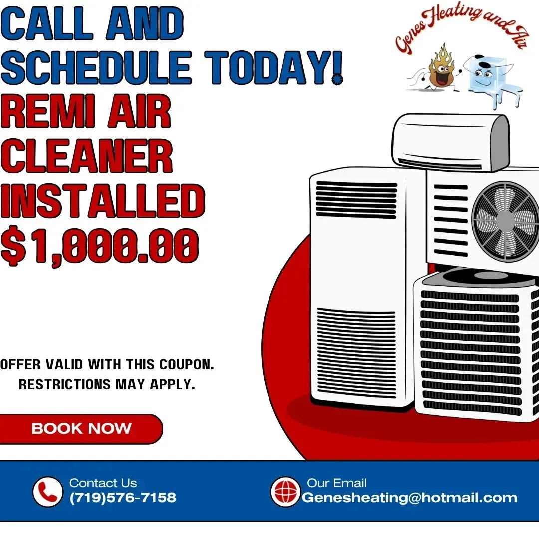 Ad for Genee Heating and Air, offering Remi Air Cleaner installed for $1,000.  Includes contact info and equipment visuals.