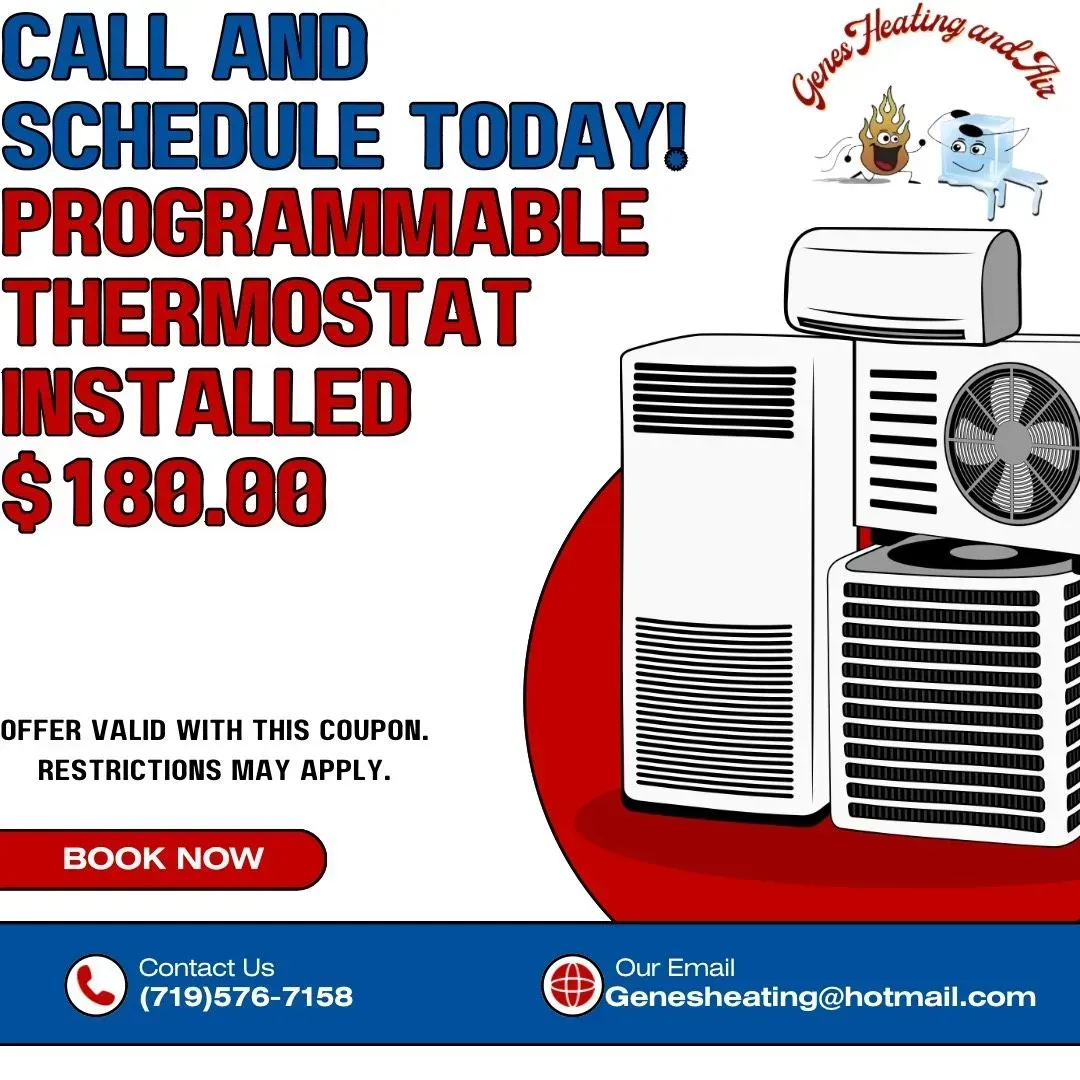 Advertisement: programmable thermostat installed for $180.00. Features air conditioning units and a logo with a heating and spa company.