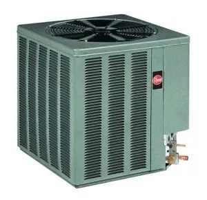 Green Rheem air conditioner unit outside.