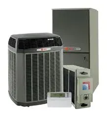 Air conditioning system components: outdoor unit, furnace, air handler, and thermostat.