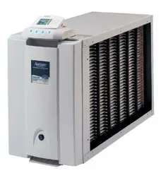 White Aprilaire whole-house humidifier with electronic control panel, showing rows of internal cooling fins.