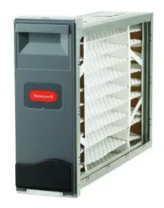 Honeywell air filter with gray housing, visible pleated filter inside.