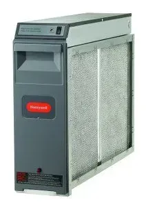 Gray Honeywell air cleaner with a rectangular filter, power button, and red logo.
