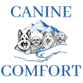 Blue logo: Four dogs, mountains, hands, "Canine Comfort" text.