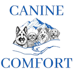 Blue logo: Four dogs, mountains, hands, "Canine Comfort" text.